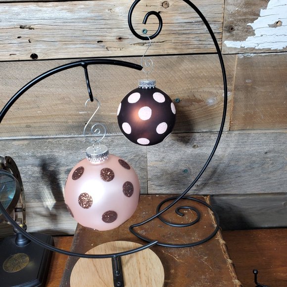 Glass Ball Ornaments - Brown & Pink Polka-Dot Sparkle - Set of 4. - Picture 4 of 4
